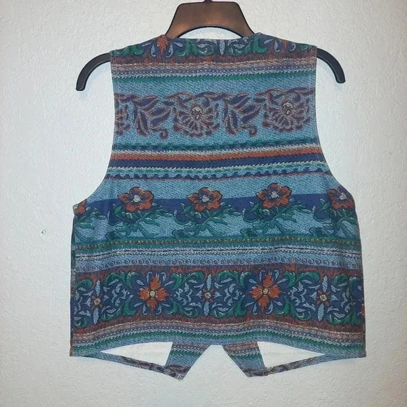 Vivaldi Jeanswear Button Front Western Vest Multicolor Floral Stripe Vintage M - Picture 2 of 7
